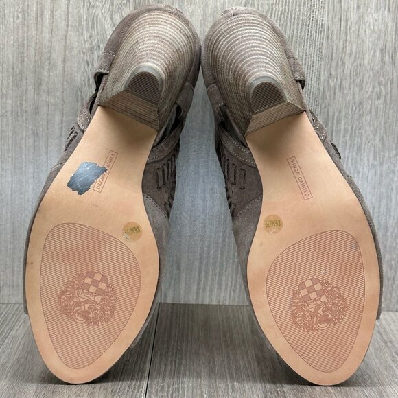 Vince Camuto Sandals Womens Size 8.5M Cone Heel Peep Toe Zip Pump Leather Taupe - Picture 13 of 13